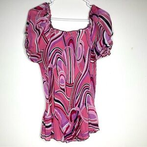 < Vintage Blue Diamond Pink Peplum Puff Sleeve Blouse >